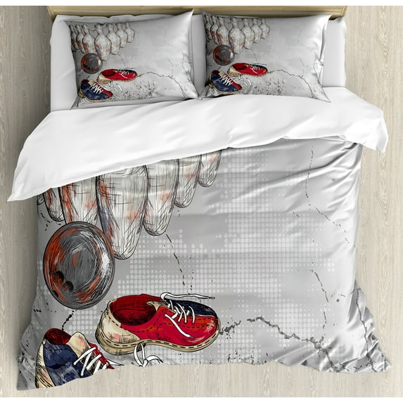 Bowling Party Duvet Cover Set, Bowling Shoes Pins and Ball in Grunge Style Print, Decorative 3 Piece Bedding Set with 2 Pillow Shams, King Size, Pale Grey Dark Blue, by Ambesonne