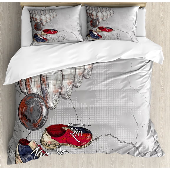 Bowling Party Duvet Cover Set, Bowling Shoes Pins and Ball in Grunge Style Print, Decorative 3 Piece Bedding Set with 2 Pillow Shams, Queen Size, Pale Grey Dark Blue, by Ambesonne