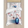 thumbnail image 1 of Bowling Party Duvet Cover Set, Thrown Ball and Scattered Pins Speed Hit the Target Shot Score, Decorative 2 Piece Bedding Set with 1 Pillow Shams, Twin Size, White Pale Blue Red, by Ambesonne, 1 of 3