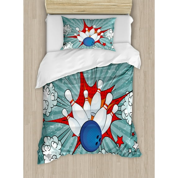 Bowling Party Duvet Cover Set Twin Size, Retro Comic Cartoon Ball Crash Image Pop Art Stars Aim Party Game Design, Decorative 2 Piece Bedding Set with 1 Pillow Sham, Multicolor, by Ambesonne