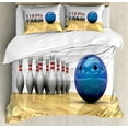 thumbnail image 1 of Bowling Party Duvet Cover Set, Vivid Objects Ball and Pins on a Parquet Floor Print Party Set, Decorative 3 Piece Bedding Set with 2 Pillow Shams, Queen Size, Blue Pale Brown White, by Ambesonne, 1 of 3