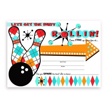 Bowling Party LARGE Invitations - 10 Invitations + 10 Envelopes