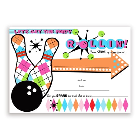 Bowling Party LARGE Invitations Pink - 10 Invitations + 10 Envelopes