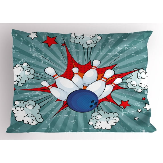 Bowling Party Pillow Sham Retro Comic Cartoon Style Ball Crash Image Pop Art Blast Explosion Stars Aim, Decorative Standard Queen Size Printed Pillowcase, 30 X 20 Inches, Multicolor, by Ambesonne