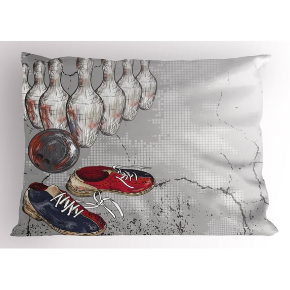 Bowling Party Pillow Sham Bowling Shoes Pins and Ball in Artistic Grunge Style Print, Decorative Standard Size Printed Pillowcase, 26 X 20 Inches, Pale Grey Red and Dark Blue, by Ambesonne