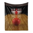 thumbnail image 1 of Bowling Party Soft Flannel Fleece Blanket, Alley with Red Skittle in Center Target Score Winning Competition, Cozy Plush for Indoor and Outdoor Use, 60" x 80", Pale Brown Red White, by Ambesonne, 1 of 6