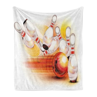 Bowling Party Soft Flannel Fleece Blanket, Red Ball and the Falling Skittles Hit Speed Movement and Strike, Cozy Plush for Indoor and Outdoor Use, 50" x 60", Red Yellow White, by Ambesonne