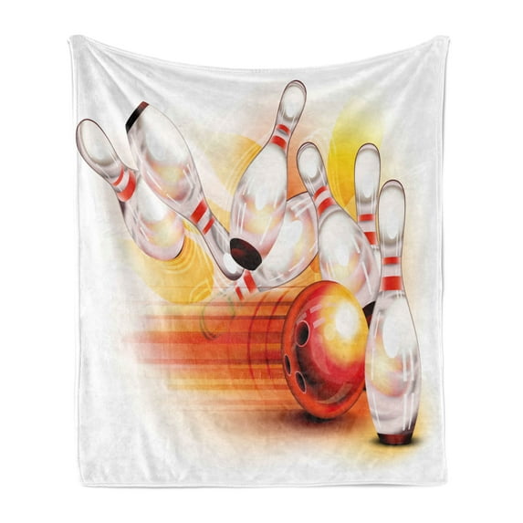 Bowling Party Soft Flannel Fleece Blanket, Red Ball and the Falling Skittles Hit Speed Movement and Strike, Cozy Plush for Indoor and Outdoor Use, 60" x 80", Red Yellow White, by Ambesonne
