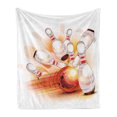 thumbnail image 1 of Bowling Party Soft Flannel Fleece Throw Blanket, Abstract Colorful Ball Crashing into Vivid Skittles Display, Cozy Plush for Indoor and Outdoor Use, 60" x 80", Red Orange White, by Ambesonne, 1 of 6