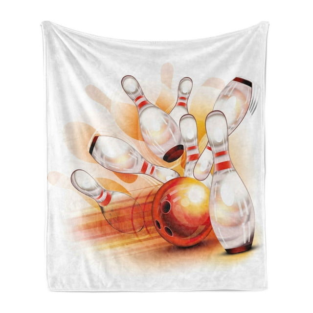 Bowling Party Soft Flannel Fleece Throw Blanket, Abstract Colorful Ball Crashing into Vivid Skittles Display, Cozy Plush for Indoor and Outdoor Use, 60" x 80", Red Orange White, by Ambesonne