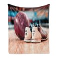 thumbnail image 1 of Bowling Party Soft Flannel Fleece Throw Blanket, Close up Bowling Shoes with Purple Ball on an Alley Indoor Activity Hobby, Cozy Plush for Indoor and Outdoor Use, 70" x 90", Multicolor, by Ambesonne, 1 of 6