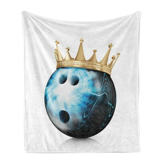 Bowling Party Soft Flannel Fleece Throw Blanket, Crown on Ball Bowling King Champion Victory Theme Print, Cozy Plush for Indoor and Outdoor Use, 60" x 80", Sky Blue Black Beige, by Ambesonne