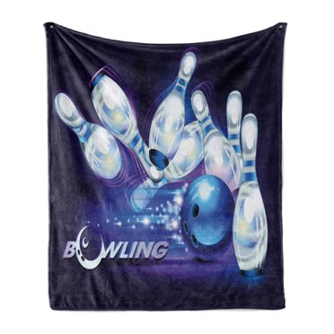 Bowling Party Soft Flannel Fleece Throw Blanket, Fantasy Design Vibrant Ball and Scattered Pins with Crescent Moon, Cozy Plush for Indoor and Outdoor Use, 50" x 70", Indigo White Blue, by Ambesonne