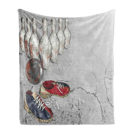 Bowling Party Soft Flannel Fleece Throw Blanket, Bowling Shoes Pins and Ball in Grunge Style Print, Cozy Plush for Indoor and Outdoor Use, 50" x 70", Pale Grey Dark Blue, by Ambesonne
