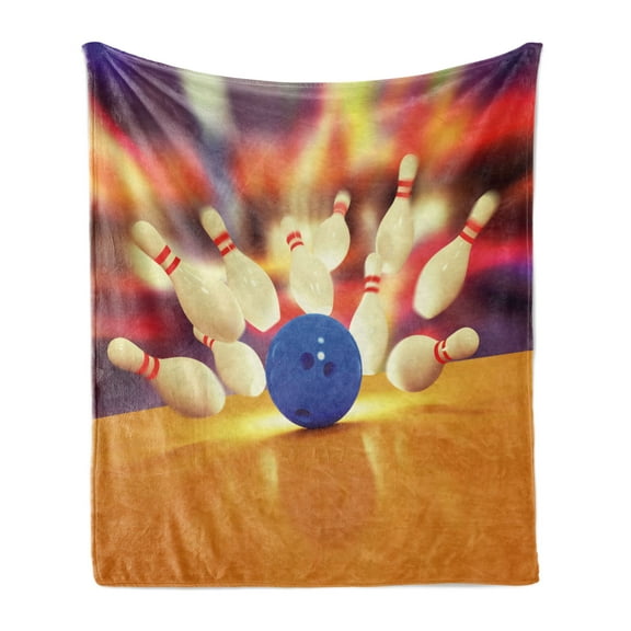 Bowling Party Soft Flannel Fleece Throw Blanket, Spread Skittles Blue Ball on a Wooden Floor Moment of Crash Themed Print, Cozy Plush for Indoor and Outdoor Use, 50" x 70", Multicolor, by Ambesonne