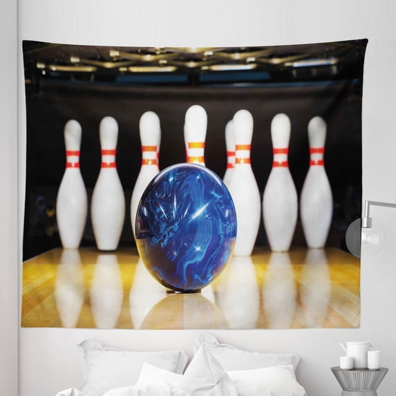 Bowling Party Tapestry, Blue Abstract Ball on the Lane Pins Close up View Sports Leisure Time Game, Fabric Wall Hanging Decor for Bedroom Living Room Dorm, 5 Sizes, Multicolor, by Ambesonne