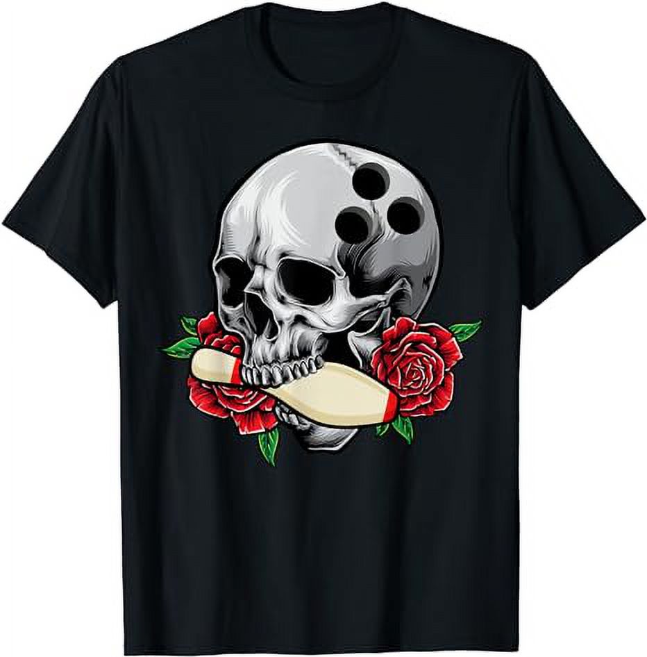 Bowling Pins Retro Skull & Rose Skeleton Head Bowling Ball TShirt