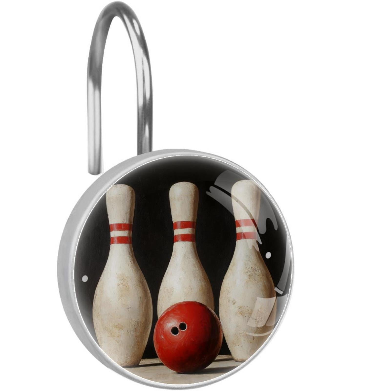 Bowling Pins and Red Ball Shower Curtain Hooks Round Crystal Glass, Set of 12 Shower Curtain Rings - Shower Hooks for Curtain Shower Rings