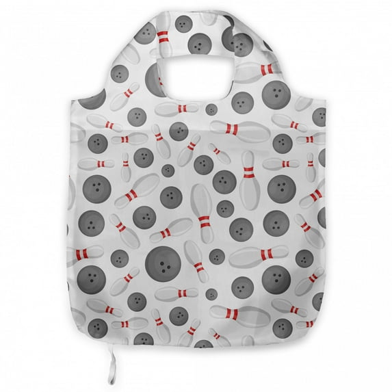 Bowling Portable Fabric Shopping Tote, Realistic Graphic Game Scattered on Plain Backdrop Competition and Fun, Everyday Use Foldable and Study Grocery Market Bag, Grey White Red, by Ambesonne