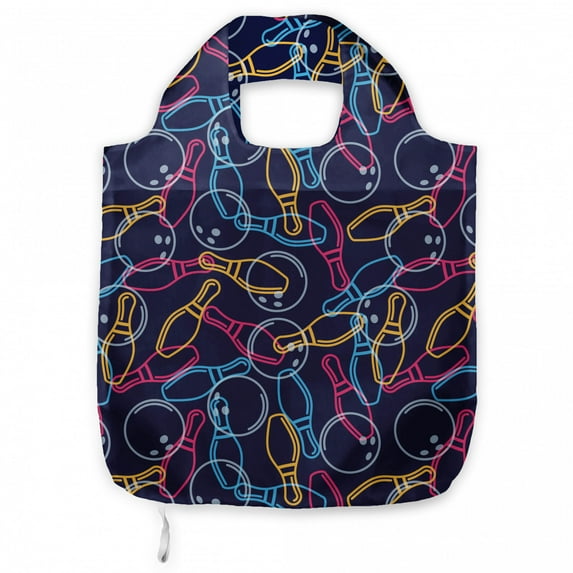 Bowling Reusable Portable Bag, Balls Pins and Shoes in Vibrant Colored Outline Style Fun Hobby Activity Theme, Fabric Market Bag Sturdy Easy to Clean Foldable Slim Design, Multicolor, by Ambesonne