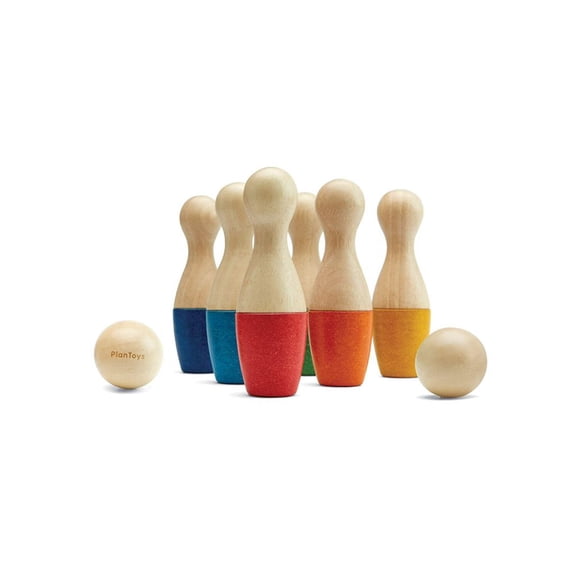 PlanToys® Bowling Set Wooden Montessori Gross Motor and Coordination Toy | Movement, Concentration and Early Math Learning Activity | Eco Friendly Indoor and Outdoor Bowling Game