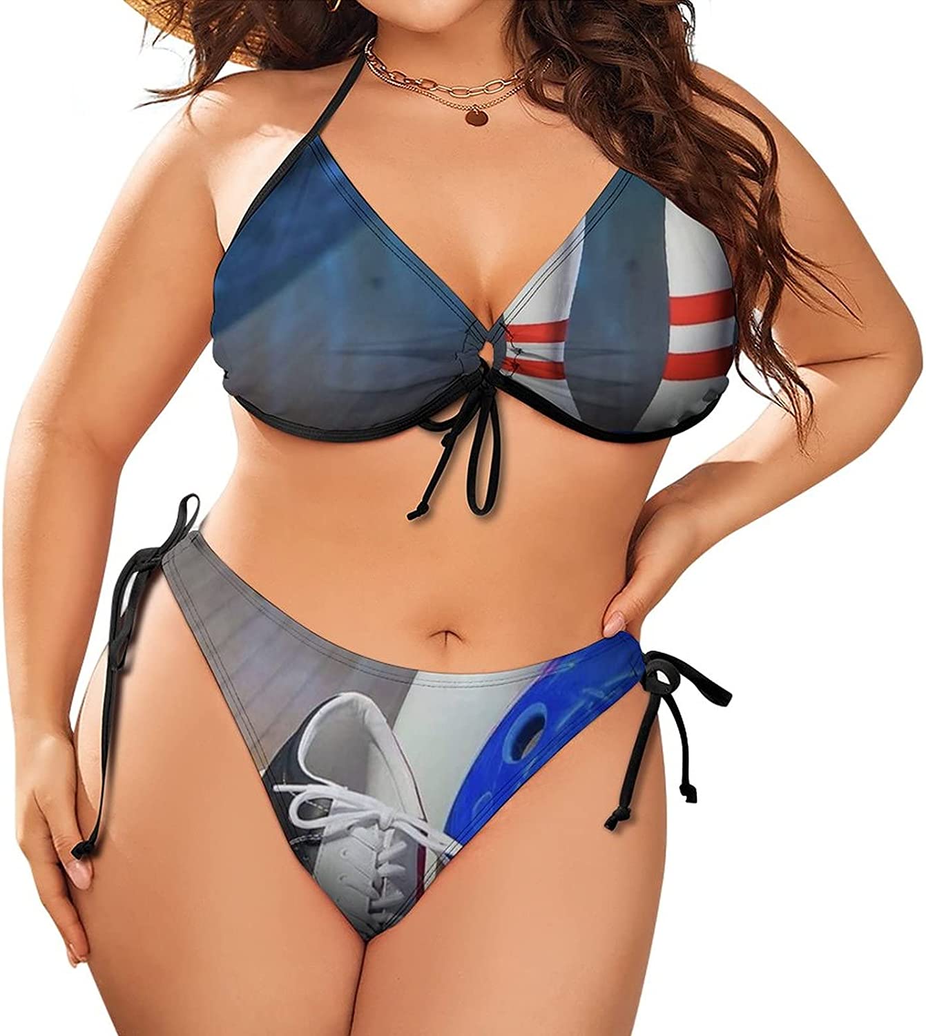 Bowling Shoe Print Women's Swimsuit Two Piece Halter Tie Side Triangle