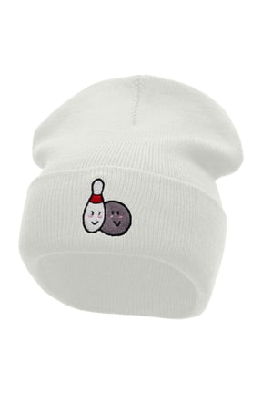 Bowling Smilies Embroidered 12 Inch Long Knitted Beanie - White OSFM