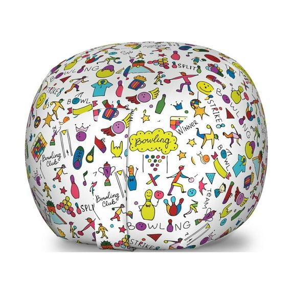 Bowling Storage Toy Bag Chair, Cartoon Style Cheerful Hobby Pattern with Colorful Design Hobby Game Theme Design, Stuffed Animal Organizer Washable Bag, Small Size, Multicolor, by Ambesonne