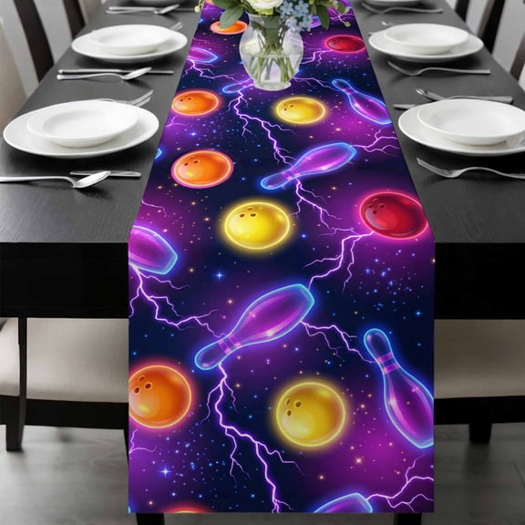 Bowling Table Runner, Purple Yellow Red Bowling Balls Bottles Sports Black Washable Cotton-linen Table Runners Dining Kitchen Decoration for Everyday Home Wedding Party Decor, 13 x 72 Inch