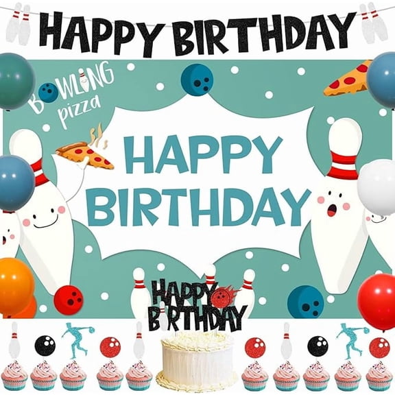 Bowling Theme Birthday Party Decoration Bowling Happy Birthday Banner, Bowling Pizza Backdrop, Colorful Balloons, Glitter Bowling Cupcake & Cake Toppers for Baby Shower Birthday Party Supplies