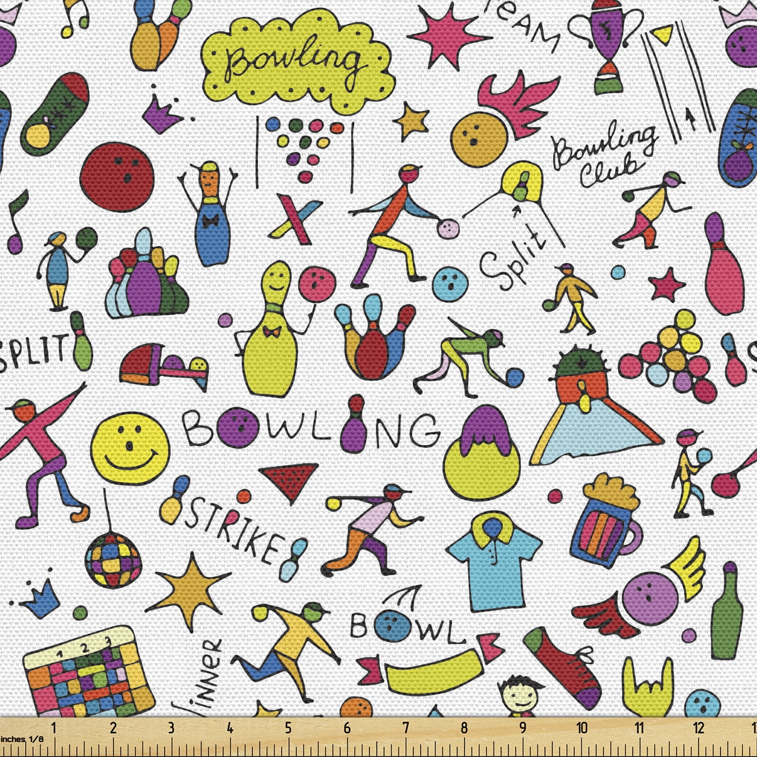 Bowling Upholstery Fabric by the Yard, Cartoon Style Cheerful Hobby ...