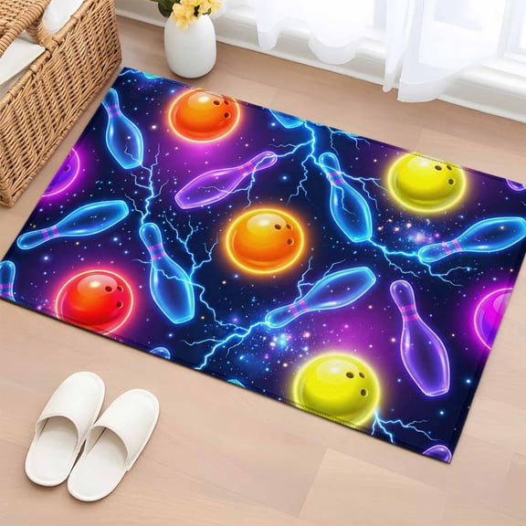 Bowling Washable Small Entryway Area Rugs 2'x3', Purple Blue Yellow Bowling Balls Bottles Sports Black Low Pile Throw Rug Non-Slip Sturdy Edge Binding Carpet for Front Door Floor Room Entry