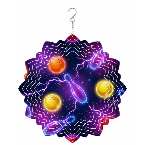 Bowling Wind Spinner for Garden Yard 8In, Purple Yellow Red Bowling Balls Bottles Sports Black 3D Stainless Steel Kinetic Hanging Wind Spinners Rustproof Outdoor Decor for Lawn Patio Home