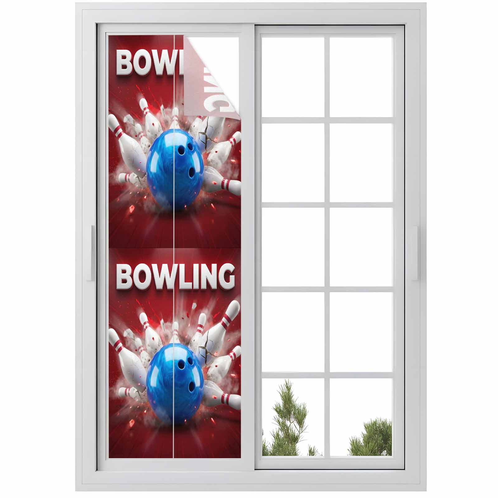 Bowling Window Privacy Film, Vintage Bowling Bottles Ball Red Background Frosted Glass Window Clings Static Cling UV Heat Blocking Reusable Door Sticker for Bathroom 29.5 x 118 Inch
