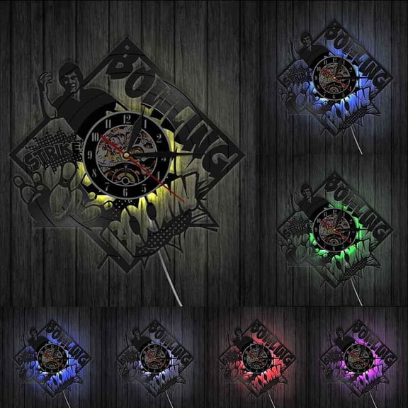 Bowling Zone Signs Bowling Club Decoration Wall Clock Bowler Strikes Bowling Player Vintage Vinyl Record Wall Clock Bowlers Gift With LED