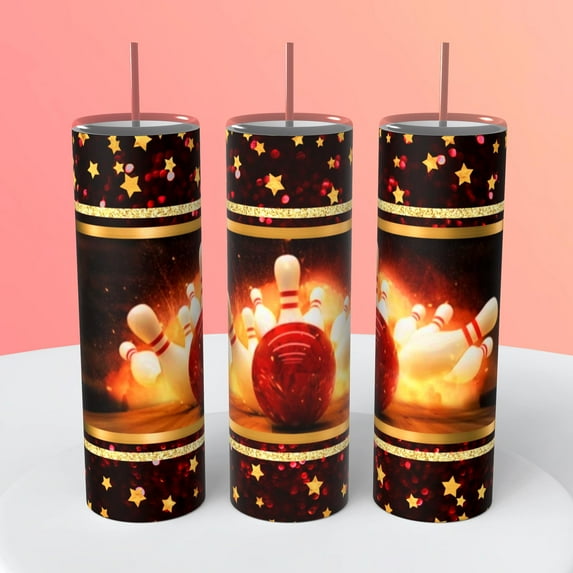 Bowling bowler strike ten pins 20 ounce insulated sublimated tumbler coffee cup for hot and cold beverages