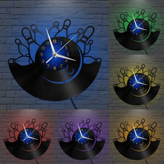 Bowling games Vinyl Record Wall Clock for Kitchen Wall Decor Wall Art Gift for Lover Gift Idea for a Best Friend(B,with LED)