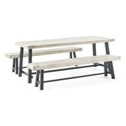 GDF Studio Bowman Outdoor Acacia Wood Picnic Dining Set, Sandblast Light Gray and Black