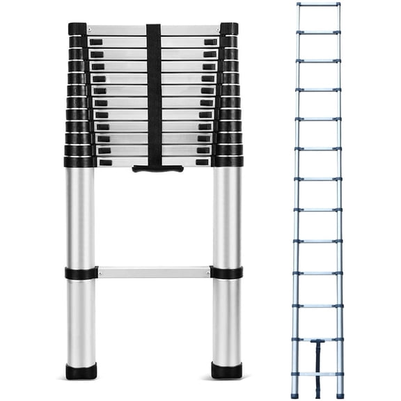 Bowoshen 12.5FT Stainless Steel Telescopic Ladder Foldable Telescoping Extension Ladder Loft Ladder 330lb Load,for Cleaning Gutter,Housework EN131,BS1