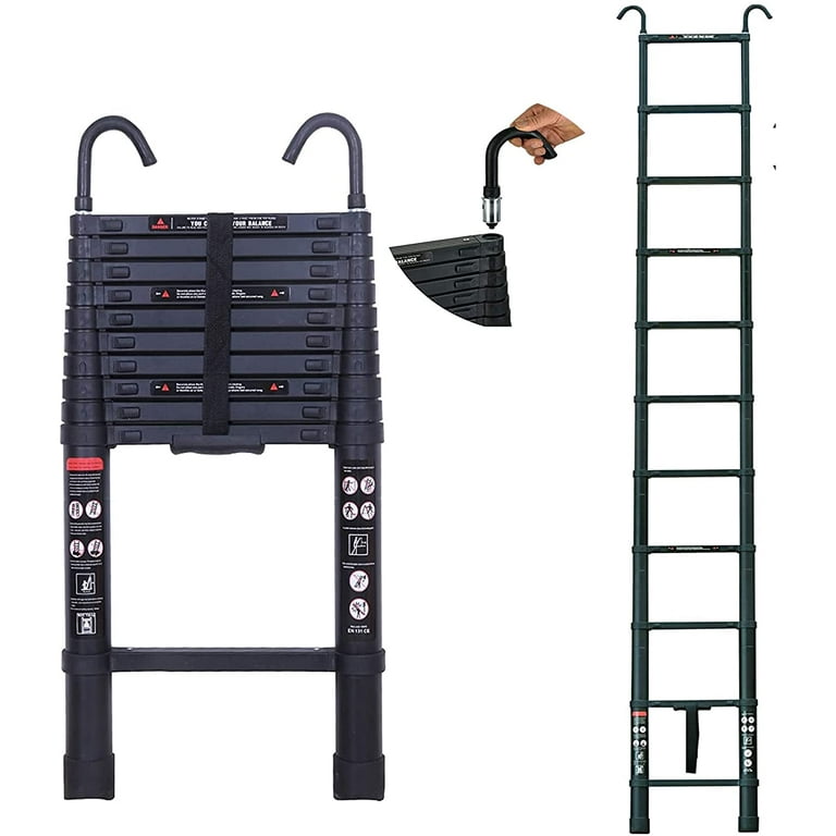 Bowoshen 12.5Ft 3.8M Extension Attic Ladder Telescopic Hooks Steps Aluminum Mutil Purpose Safe for Roof Office Home Household Daily Loft Black BS1