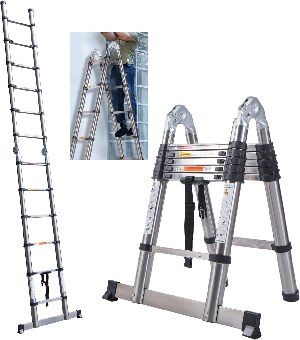 Bowoshen 12.5Ft Stainless Steel，NonSlip Folding Telescoping Ladder