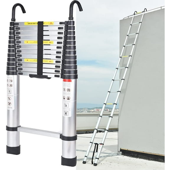 Bowoshen 16.5Ft Aluminum Telescoping Ladder,2 Detachable Hooks Multi-Use Retractable Foldable Extension Step Attic Ladder,330lbs Load Capacity