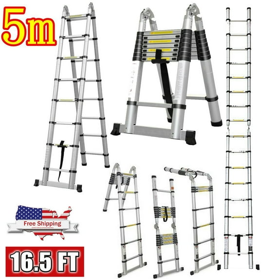 Bowoshen 16.5ft Telescoping Ladder Aluminum Telescopic Extension Multi Purpose Ladders EN131 Certified - Extendable with Spring Load Locking Mechanism Non-Slip - 330 lb Max Capacity