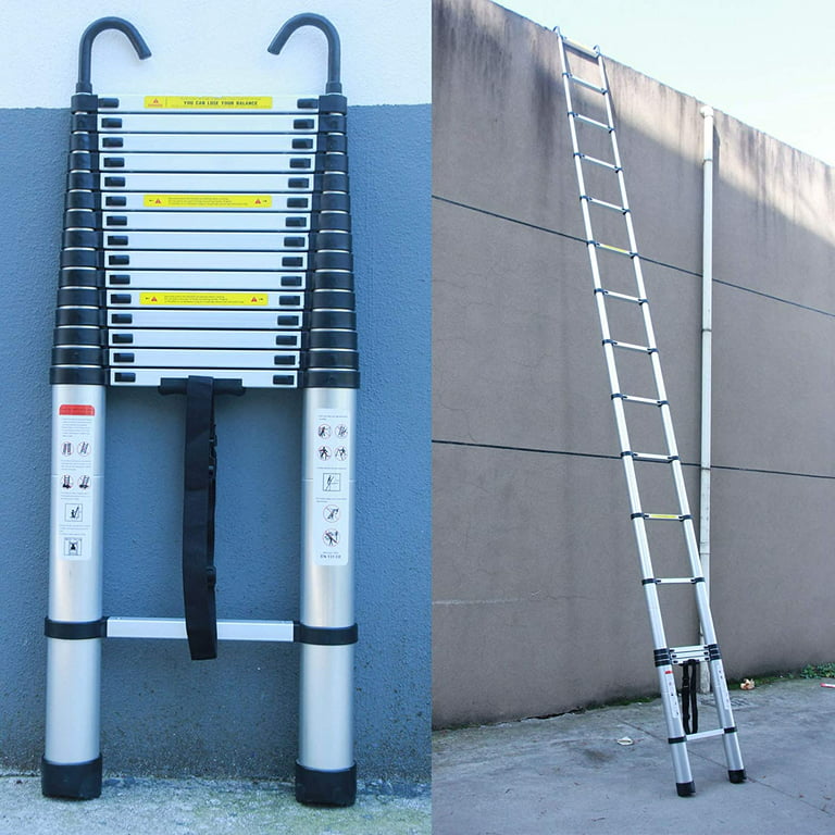 Bowoshen 20Ft/6.2M Telescoping Ladder, Aluminum DIY Extension Folding Loft  Step Ladder + 2 Detachable Hooks Anti-Slip Rubber feet,BS1 