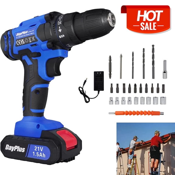 Bowoshen 21V Cordless Drill Driver Battery And Charger 3/8 In Keyless Chuck Bits Sets