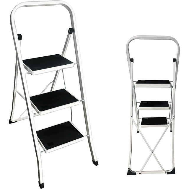 Bowoshen 3 Step Ladder, Folding Step Stool With Handle Wide AntiSlip