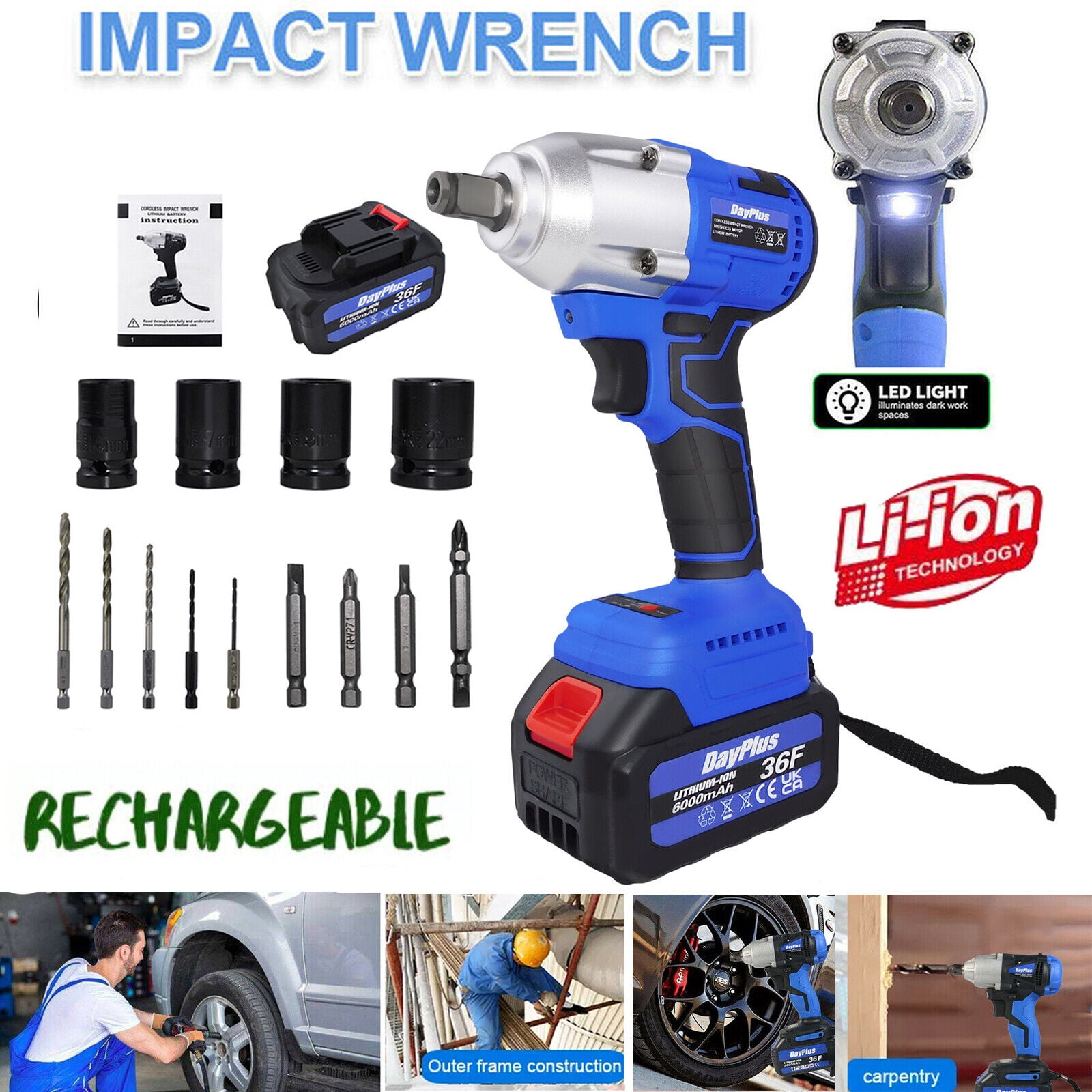 Bowoshen Brushless 1/2" 20V Cordless Impact Wrench High Torque Rattle