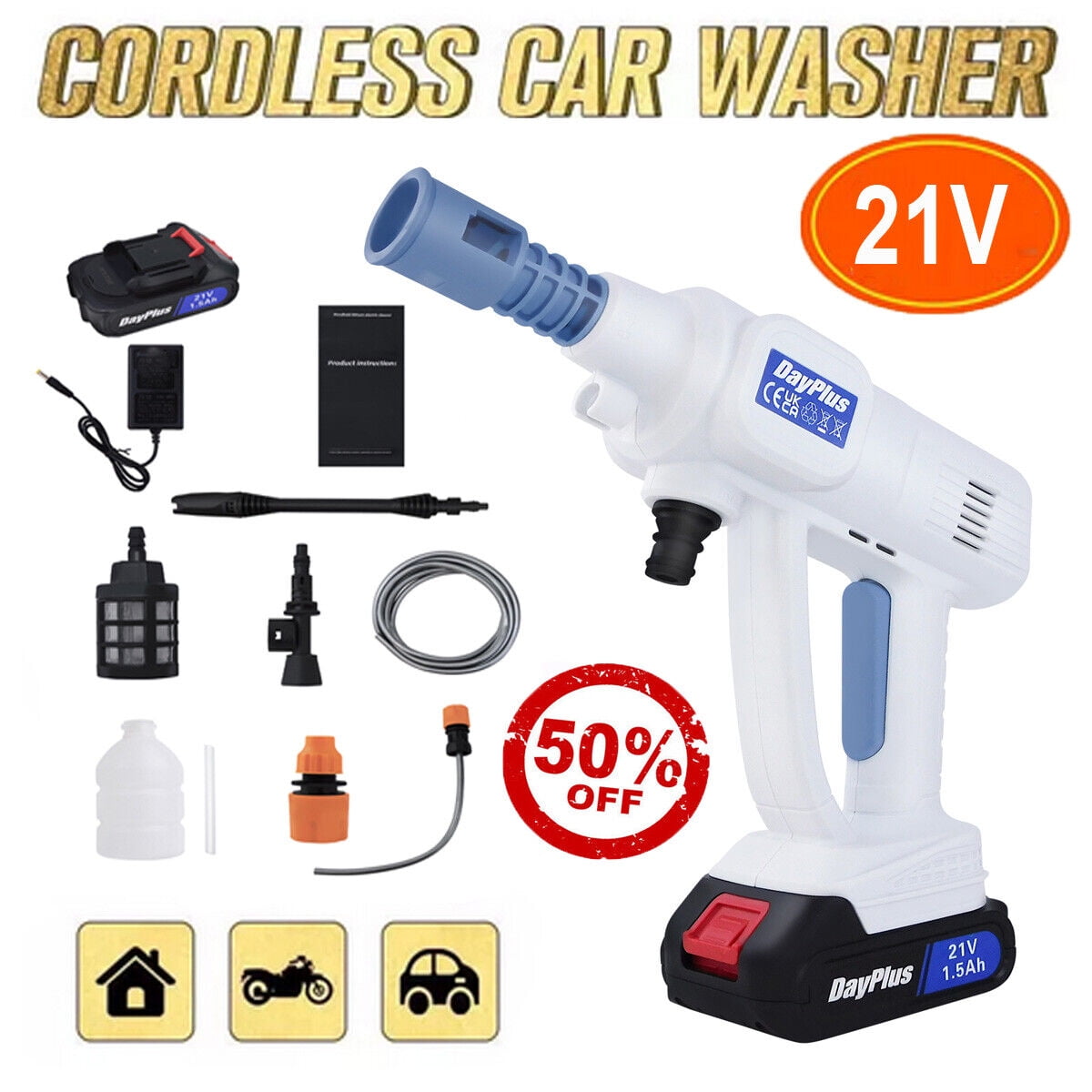 Bowoshen Cordless Rechargeable Electric High Pressure Water spray gun Car Washer Cleaner