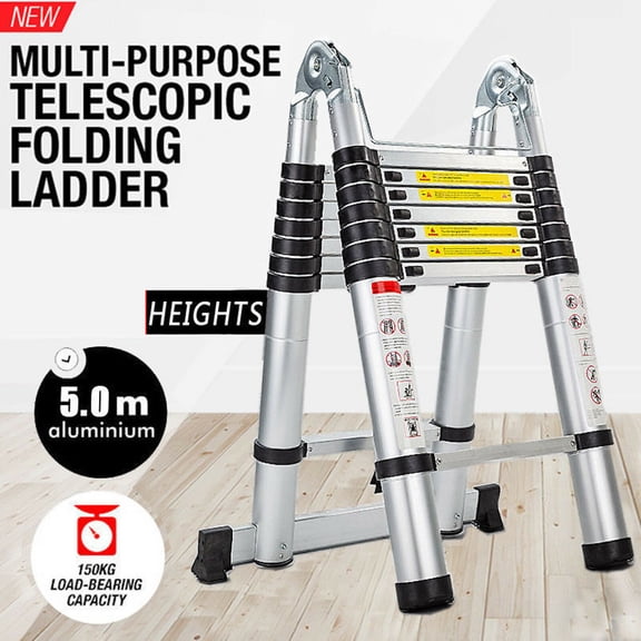 Bowoshen Multi-Purpose 16.5FT/5M Aluminium Portable Telescopic Ladder DIY Extension 16 Steps 150KG