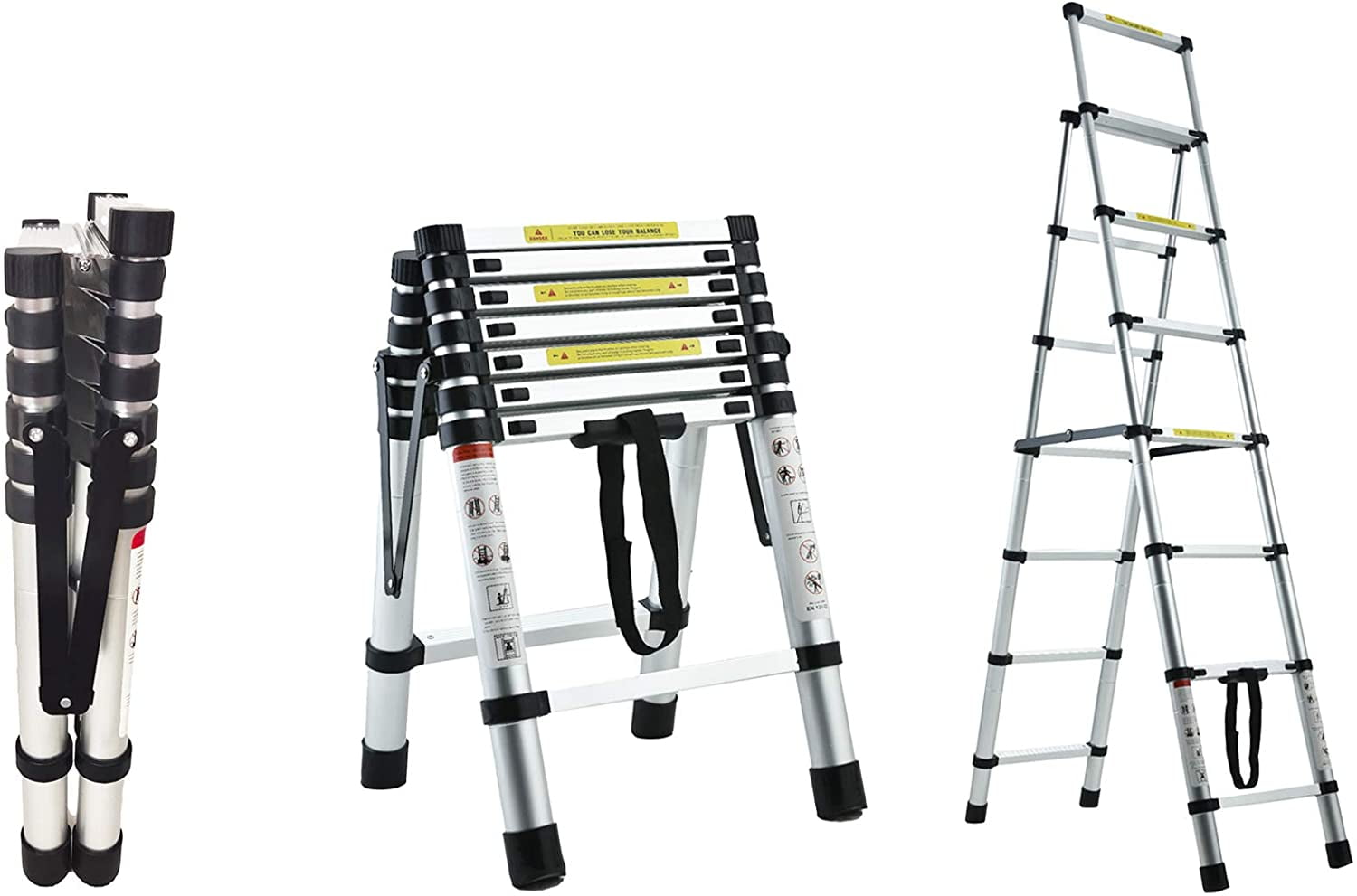 Bowoshen Multifunctional Aluminum Alloy 6+7 Steps (6.6ft + 7.5ft) Ladder, Foldable Herringbone Portable Telescopic Extension Ladder,